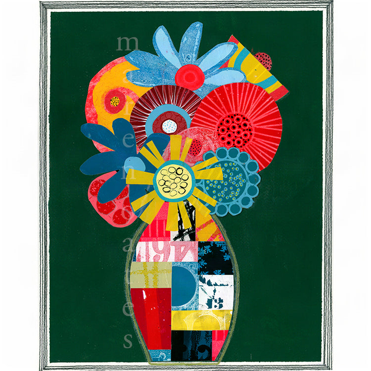 A framed abstract floral artwork featuring a vase filled with layered, colorful flowers and circular motifs on a dark green background.
