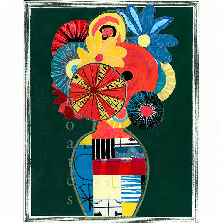 Abstract floral artwork featuring a vase filled with bold flowers and circular motifs in red, yellow, blue, black, and white, set against a dark green background.