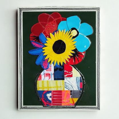 Mixed media collage of a stitched patchwork vase with red, blue, and yellow flowers on a dark green background