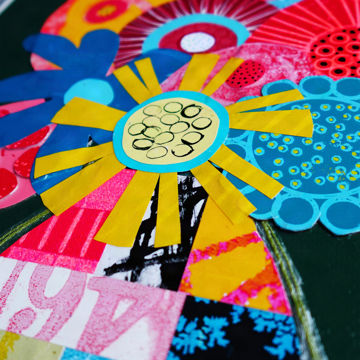 Close-up of flowers made from gel printed paper