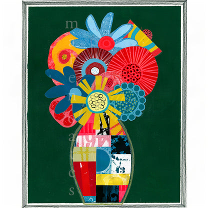 A framed abstract floral artwork featuring a vase filled with layered, colorful flowers and circular motifs on a dark green background.