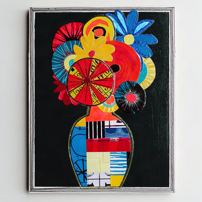 A framed abstract floral painting featuring a vase filled with bold, colorful flowers on a dark green background.