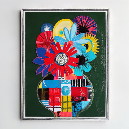 A framed abstract floral painting featuring bold red, blue, yellow, and purple flower-like shapes on a dark green background.