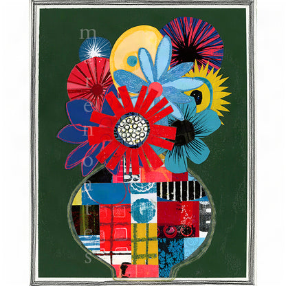 Abstract floral artwork featuring bold red, blue, yellow, and black flower shapes arranged above a patchwork-style vase on a dark green background.