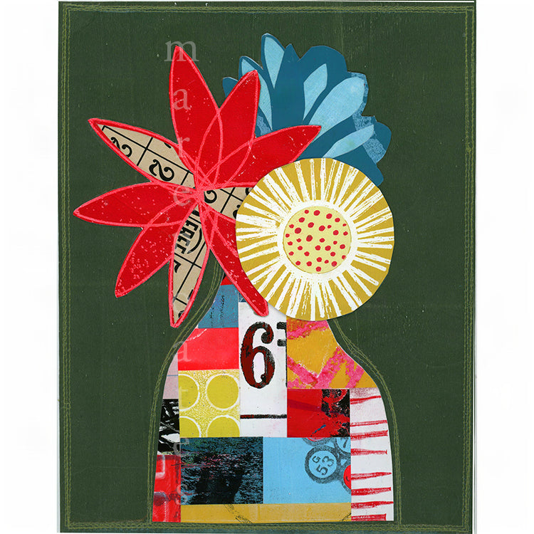 Abstract collage artwork featuring a dark green background with layered floral shapes in red, blue, yellow.