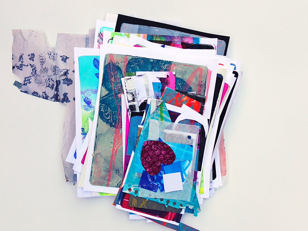 Gel Plate Printed Collage Paper Pack - Option I | About 50 Hand-Printed Papers