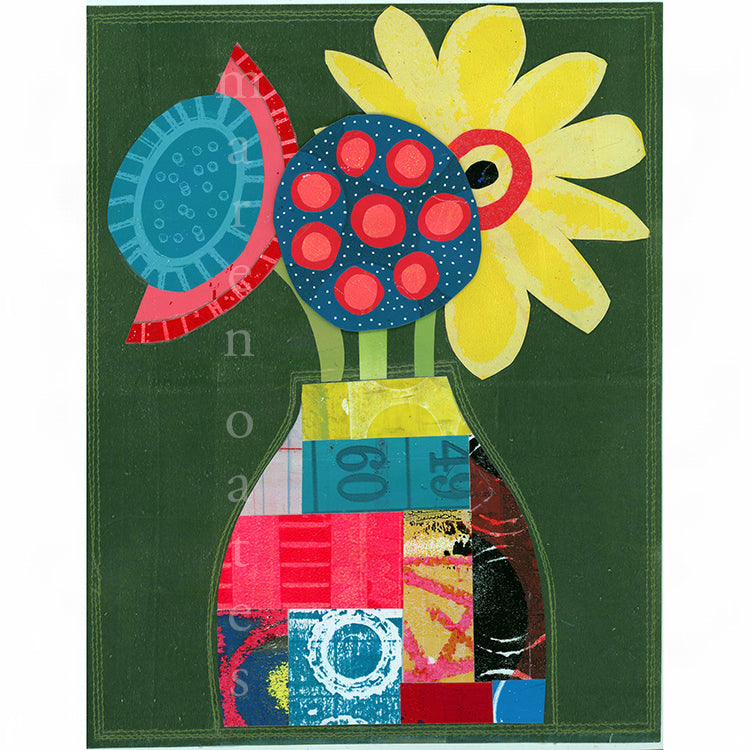 A colorful abstract floral artwork featuring a yellow flower with a blue spotted bloom, set against a dark green background with a patchwork-style vase made of bright geometric shapes.