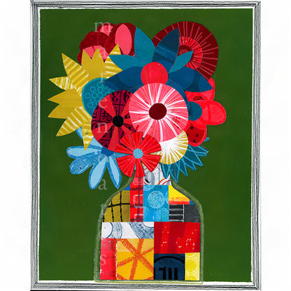 Mixed media collage of a patchwork vase with red, blue, and yellow flowers on a dark green background
