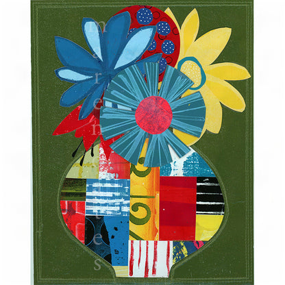 A colorful abstract floral artwork featuring layered blue, yellow, red, and teal flower-like shapes arranged above a patchwork-style vase on a dark olive green background.